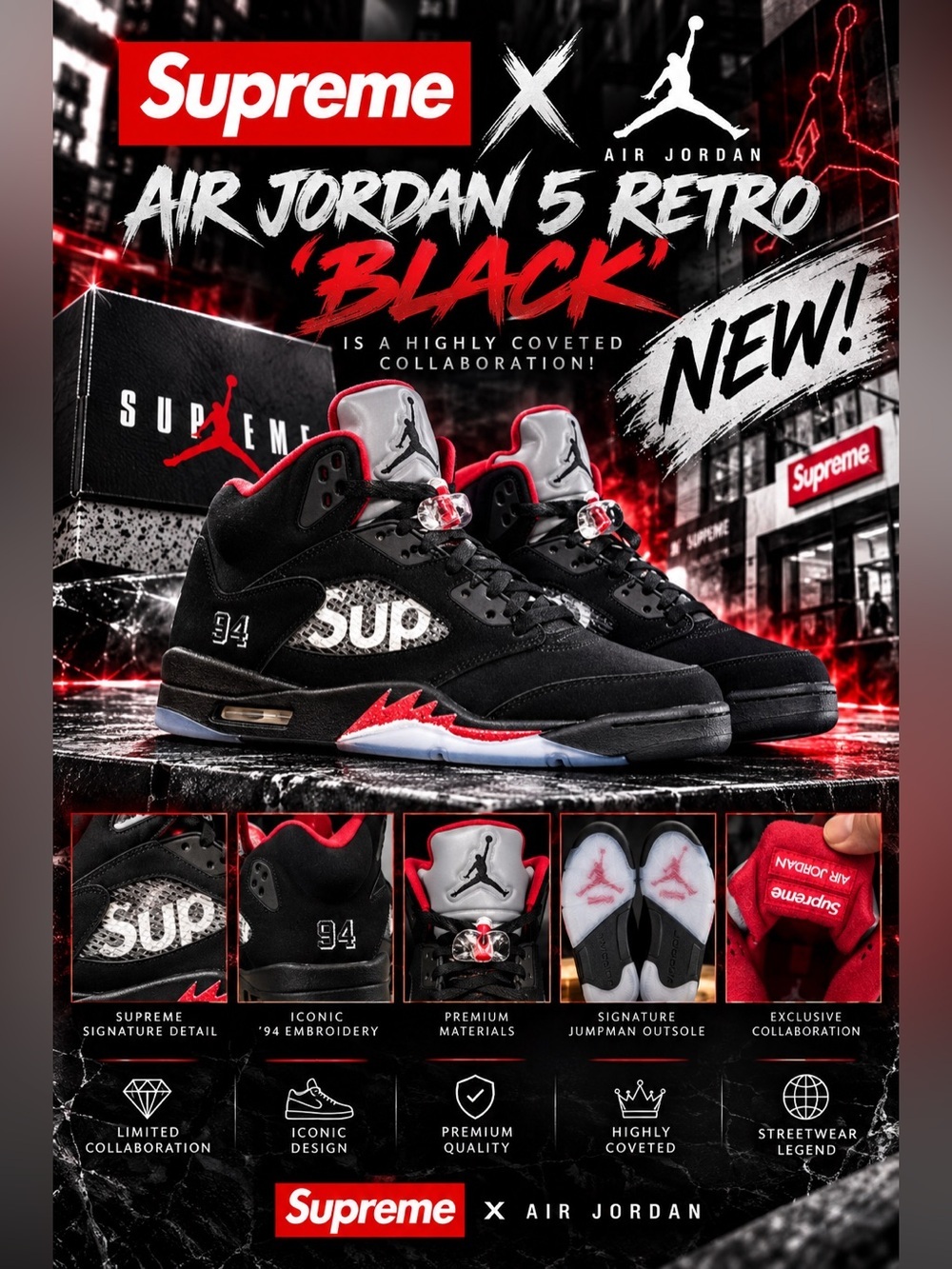 Supreme x Air Jordan 5 Retro 'Black' is a highly coveted collaboration🔥New! 12